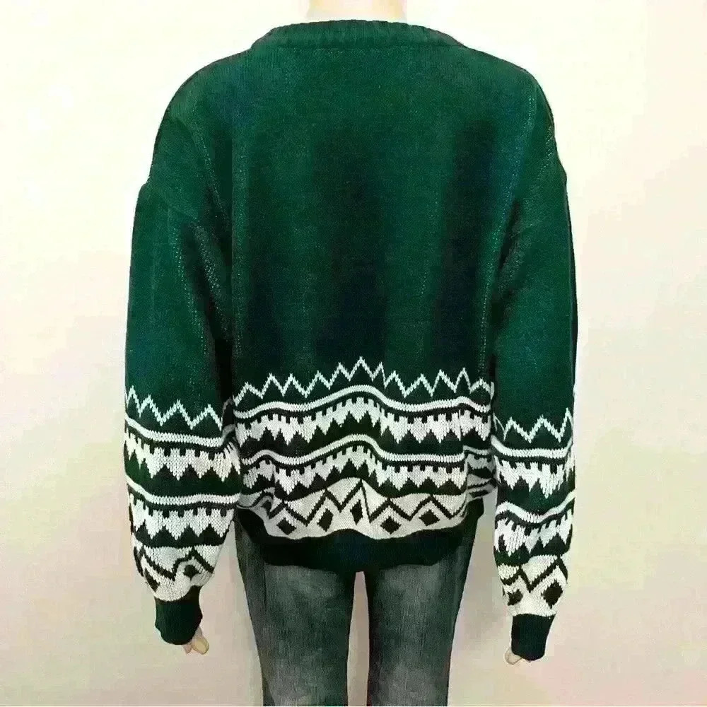 Vintage Bohemian Oversized Multicolored Green Pattern Crew Neck Sweater jumper - Picture 5 of 15